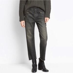 vince Union Slouch Cropped Boyfriend Jeans Distressed Raw Hem Cuffed Black Sz 25